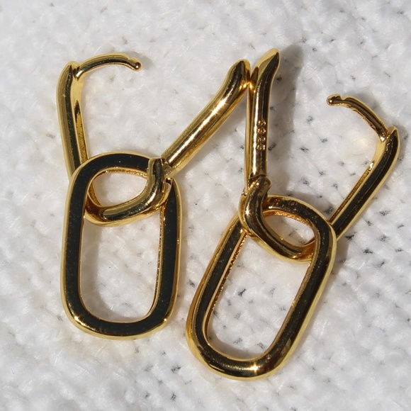 Sterling Silver Gold Chain Link Hoop Dangle Earrings - Picture 4 of 10